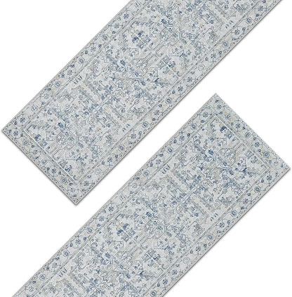 jinchan Kitchen Runner Rug 2x10-2pcs, Bohemian Hallway Rug Washable Floral Non Slip with Rubber Backing Vintage Carpet Runner for Bedroom Bathroom Laundry Room Living Room Decor Blue
