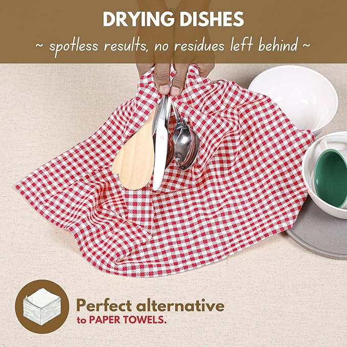 Native Fab 6 Pack Kitchen Towel with Hanging Loop 16x26 inches, Cotton Gingham Check Dish Towels for Cleaning & Drying Dishes, Absorbent Cloth Rags, Bar Towel, Dish Cloth Set, Red White