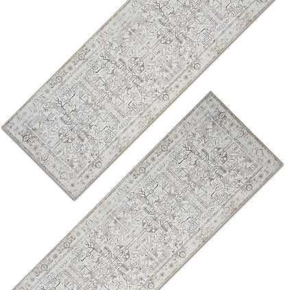 jinchan Kitchen Runner Rug 2x8-2pcs, Bohemian Hallway Washable Rug Floral Non Slip with Rubber Backing Vintage Carpet Runner for Bedroom Bathroom Laundry Room Living Room Beige