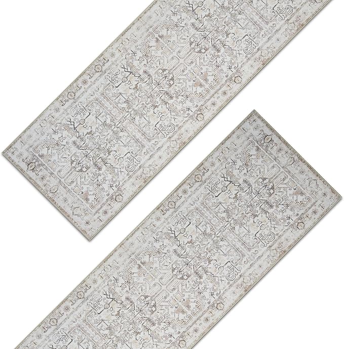jinchan Kitchen Runner Rug 3x8-2pcs, Bohemian Hallway Washable Rug Floral Non Slip with Rubber Backing Vintage Carpet Runner for Bedroom Bathroom Laundry Room Living Room Taupe