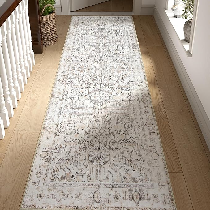 jinchan Hallway Runner Rug 2x8 Washable - Vintage Floral Non Slip Low-Pile Soft Ultra-Thin Faux Wool Kitchen Rug Distressed Carpet Runner for Farmhouse Bedroom Laundry (2x8ft,Taupe)