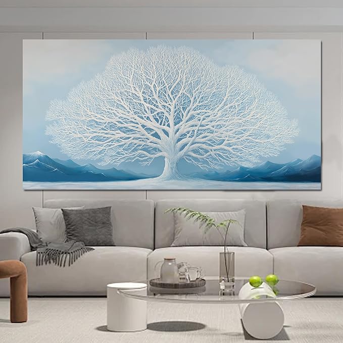 Trogonup White Tree of Life Wall Art for Bedroom Large Blue Landscape Mountain Artwork for Living Room Office Home Kitchen Modern Canvas Prints Ready to Hang 29x58 Inches