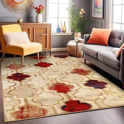Superior Indoor Large Area Rug, Jute Backed, Perfect for Living/ Dining Room, Bedroom, Office, Kitchen, Entryway, Modern Geometric Trellis Floor Decor, Viking Collection, 5' x 8', Beige