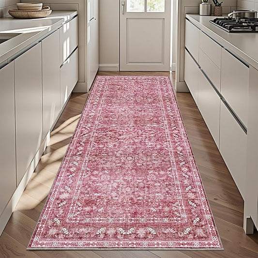 OPPODREAM Thin Vintage Hot Pink 3x6 Runner Rug, 3 x 6 Retro Washable Rug Non Slip, Low-Pile Faux Wool Carpet, Distressed Floor Mat for Kitchen, Hallway, Entry-Way, Entrance, Indoor Back Door