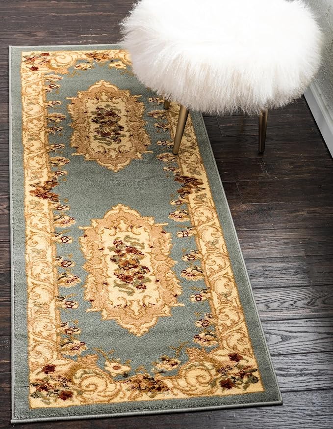 Rugs.com Chateau Collection Rug – 6 Ft Runner Light Blue Medium Rug Perfect for Hallways, Entryways