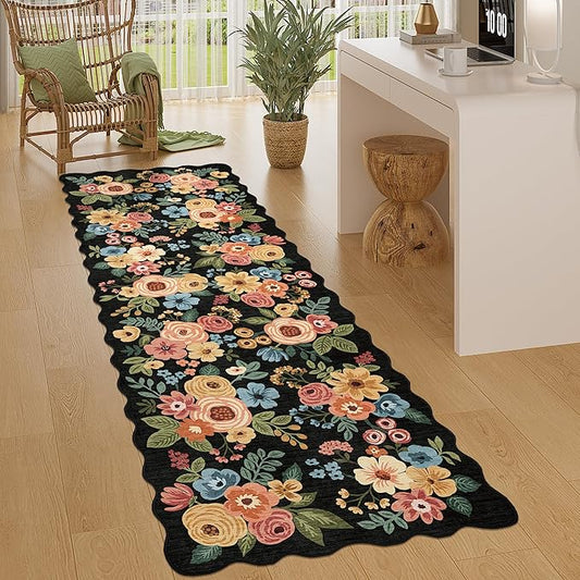 DUKINO 2x6 Runner Rug for Hallway, Washable Kitchen Rug with Non Slip Backing & Non-Shediing, Soft Low Pile Floral Design Runner for Bedroom, Kithchen, Living Room, Laundry, Bathroom, Black