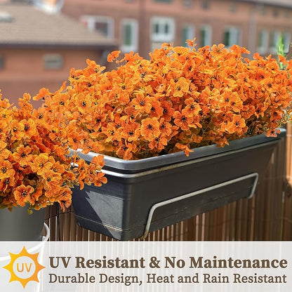 18 Bundles Artificial Mums for Outdoors/Indoors Faux Mums for Outdoor Planters, Eucalyptus Leaves Fall Flowers Artificial for Decoration Boxwood Garden Porch Window Home Wedding(Fall Orange)