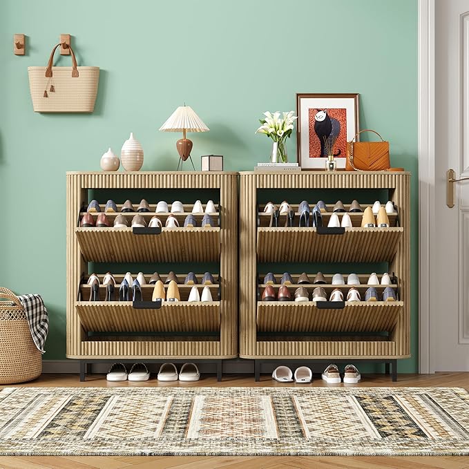 Shoe Cabinet with 4 Flip Drawers, Arc Narrow Wood Shoe Storage Cabinet with Fluted Panel and Metal Legs, Freestanding Wood Hidden Shoe Rack Cabinet for Foyer, Hallway, Nature-2