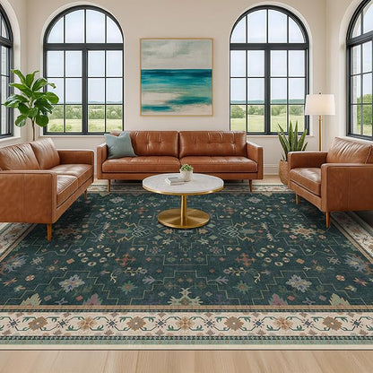 Dark Green Oushak Living Room Rug 10x14 - Modern Vintage Boho Eclectic Floral Pastel, Washable Low Pile Non-Slip Extra Large Area Rugs for Dining Under Table Bedroom Lounge