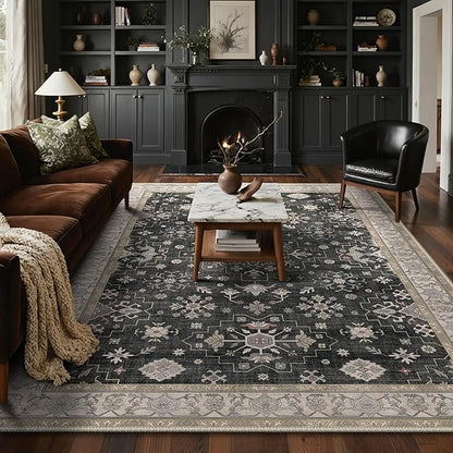GENIMO 6x9 Area Rugs for Living Room,Machine Washable Non-Slip Vintage Rug, Low Pile Lightweight Carpet for Bedroom, Dining Room, Home Office, Stain & Fade Resistant,Black