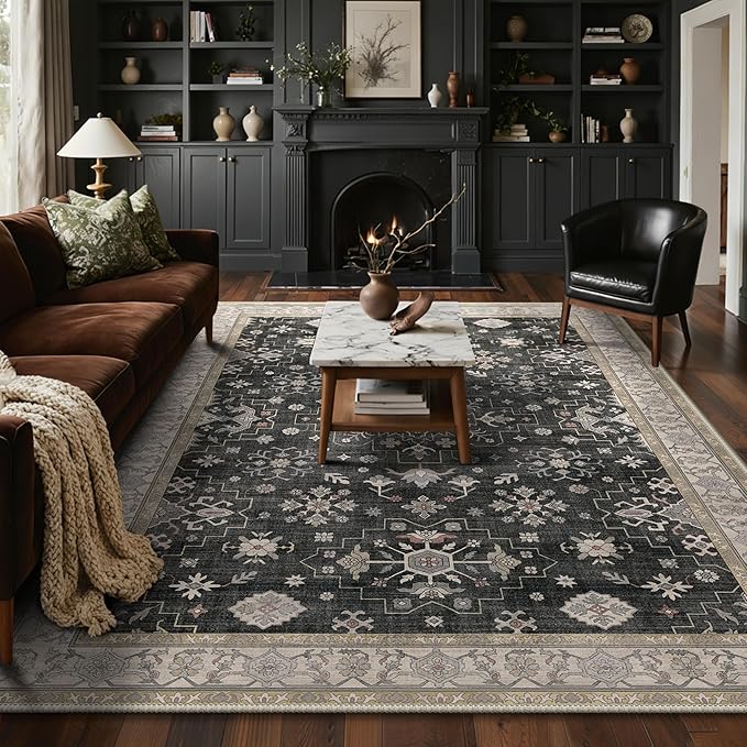GENIMO 8x10 Area Rugs for Living Room,Machine Washable Non-Slip Vintage Rug, Low Pile Lightweight Carpet for Bedroom, Dining Room, Home Office, Stain & Fade Resistant,Black