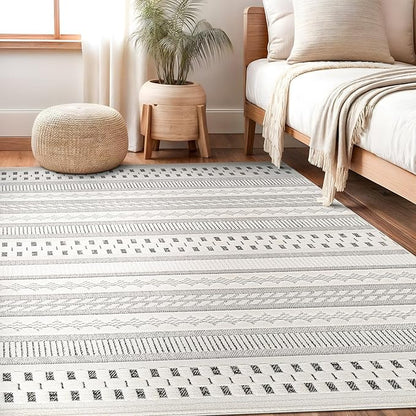 Beverly Rug Micro Loop Area Rug Gray/White 5x7 Geometric Modern Scandinavian Striped Durable Soft Indoor Rugs for Living Dining Room Office Stain Resistant Non Shedding Casual Indoor Carpet 5 x 7
