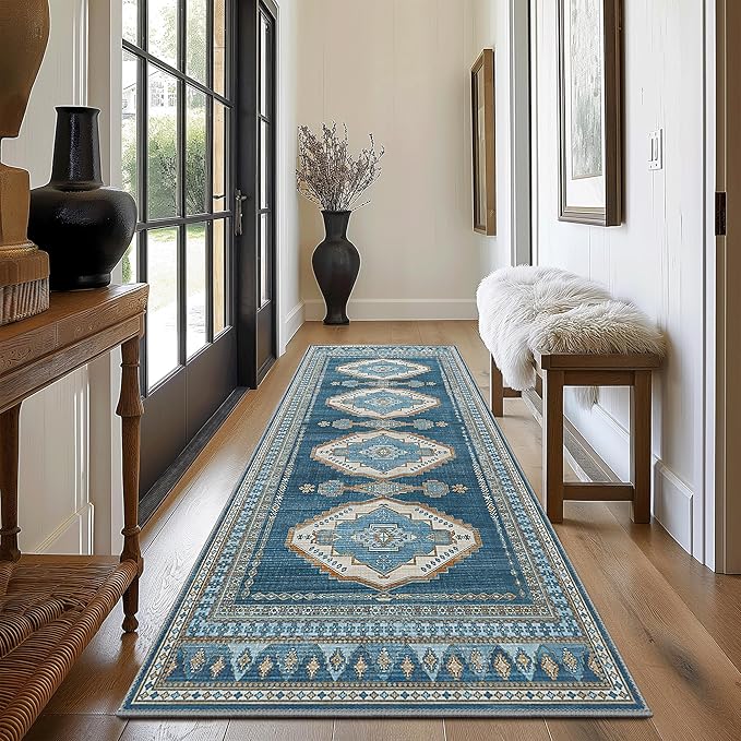 GENIMO 2x10 Washable Runner Rug for Hallway, Vintage Non Slip Low Pile Carpet, Soft Lightweight Printed Rug for Entryway, Kitchen, Corridor & Home Office, Navy/Brick