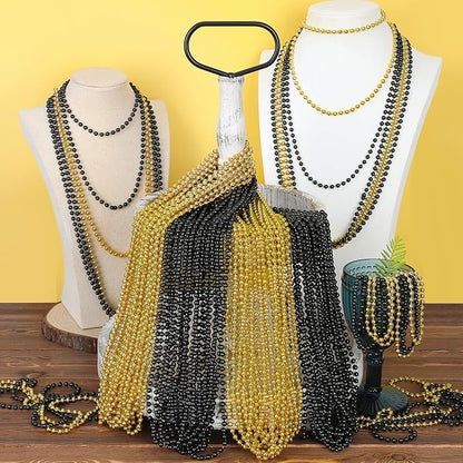 240PCS Black Gold Beads, New Years Eve Black and Gold Party Decorations, 33" Festival Black Gold Beaded Necklace Accessories Bulk, New Years Graduations Mardi Gras Parade Throw Accessories