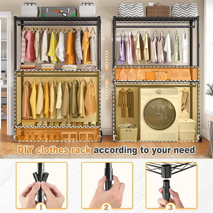 Raybee Clothes Rack with Cover, 81" H Clothing Racks for Hanging Clothes, Portable Closet with Wheels and Adjustable Feets for Bedroom, Laundry Room, Max Load 440LBS, Black