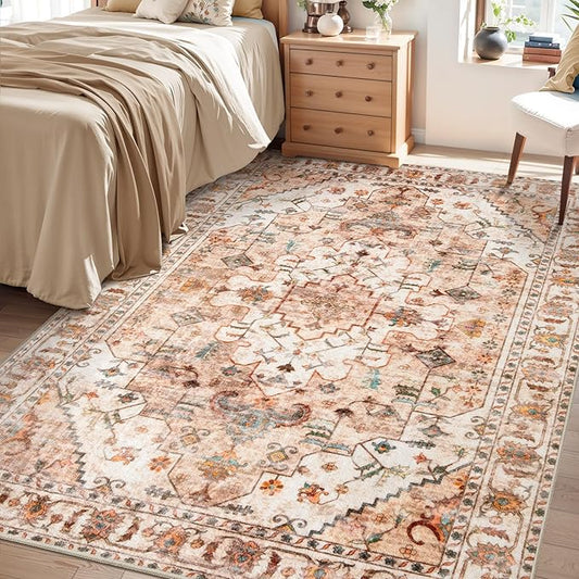 SERISSA 4x6 Boho Area Rug, Vintage Peach/Cream, Non-Slip, Machine Washable, Low-Pile, Rectangular