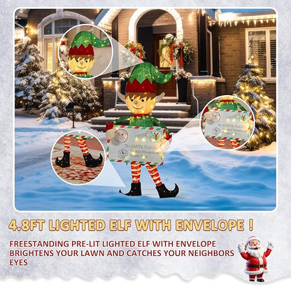 4.8FT Lighted Elf with Envelope Outdoor Christmas Decoration, 3D Pre-Lit Elf Decor with 100 LED Lights for Christmas, Freestanding Glittered Holiday Display for Outdoor, Indoor