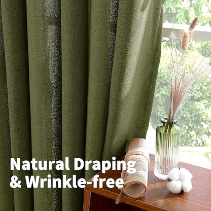 YoungsTex Olive Linen Curtains 45 Inch Length 2 Panels, Dark Green Short Drapes Semi Sheer with Bronze Grommet Light Filtering for Living Room Windows, 42 X 45 Inch