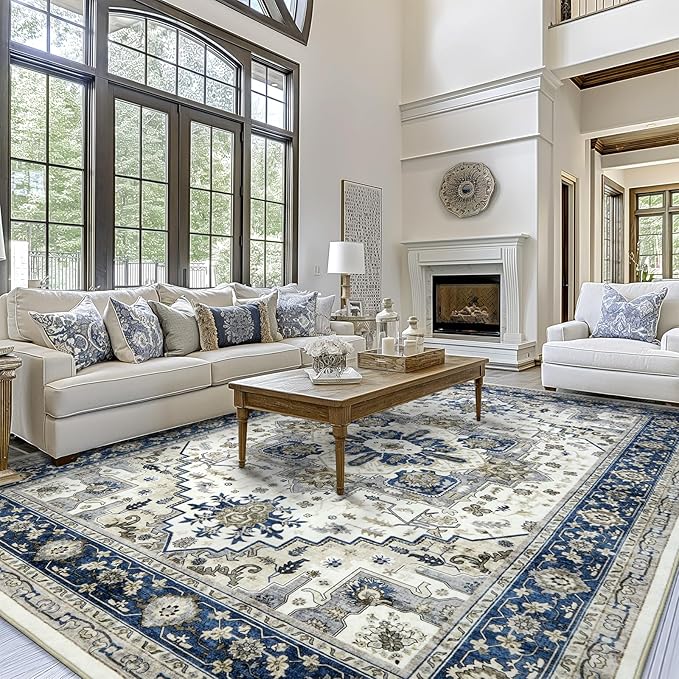 Area Rugs for Living Room 10x14 - Extra Large Machine Washable Vintage Oriental Soft Rug, Low Pile Thin Carpet with Non Slip Backing for Bedroom, Dorm, Dining Room, Indoor House, Office