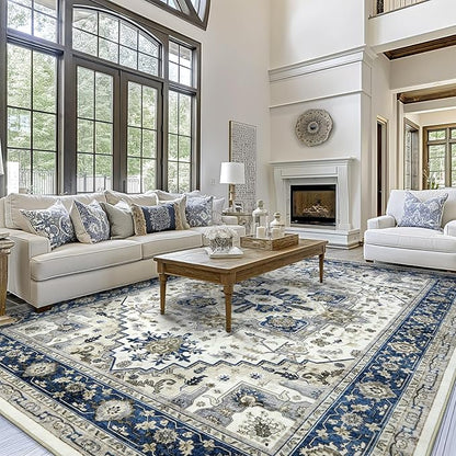 Area Rugs for Living Room 10x14 - Extra Large Machine Washable Vintage Oriental Soft Rug, Low Pile Thin Carpet with Non Slip Backing for Bedroom, Dorm, Dining Room, Indoor House, Office