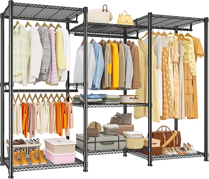 Raybee Clothes Rack Load 900Lbs, Heavy Duty Clothing Rack for Hanging Clothes Freestanding Garment Rack 77" H x 69'' W x 16'' D,Black