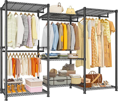 Raybee Clothes Rack Load 900Lbs, Heavy Duty Clothing Rack for Hanging Clothes Freestanding Garment Rack 77" H x 69'' W x 16'' D,Black