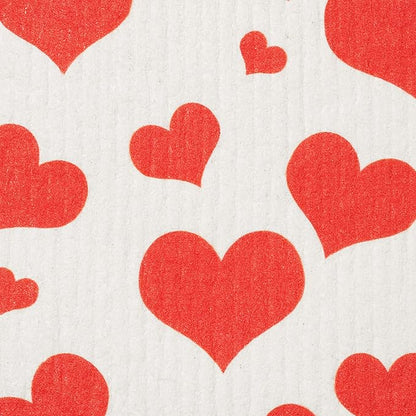 Swedish Dishcloths 2 Pack Red Flying Hearts Print Reusable Sponges Kitchen Cleaning Cloth Dish Scrubber, Machine Washable, Measures 7.87”x6.88 inches.