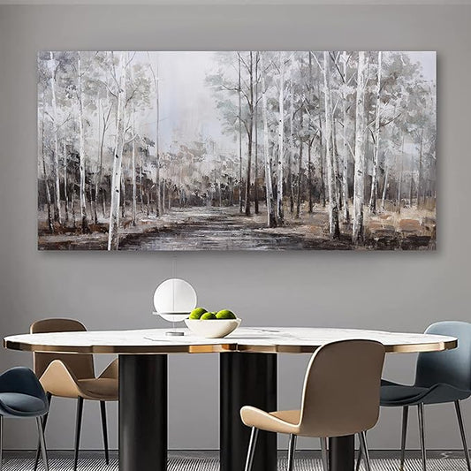 White Birch Tree Wall Art Grey Forest Painting Abstract Canvas Art Landscape Panoramic Picture Nature Artwork Framed for Living Room Bedroom Dinning Room Home Office Wall Decor 48"x24"