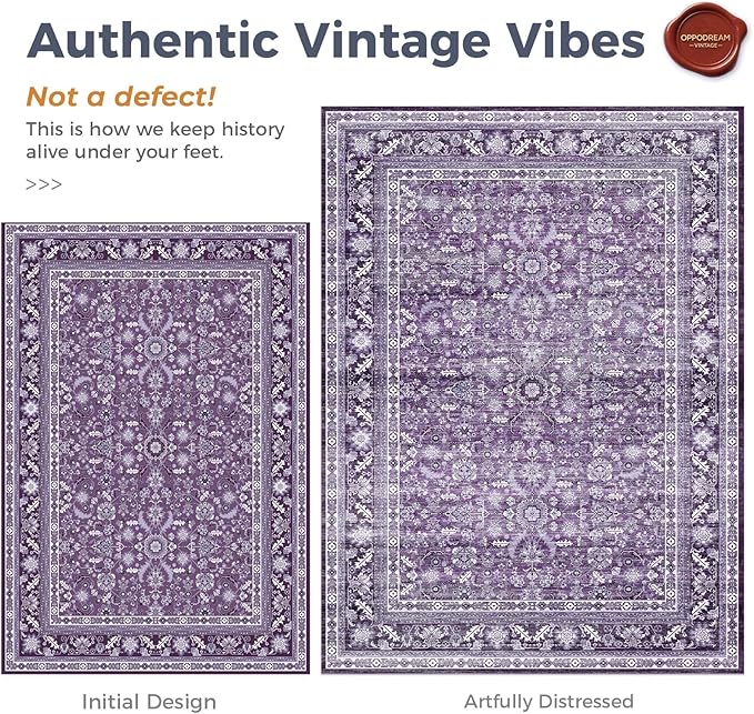 OPPODREAM Thin Vintage Purple 3x10 Runner Rug, 3 x 10 Retro Washable Rug Non Slip, Low-Pile Faux Wool Carpet, Distressed Floor Mat for Kitchen, Hallway, Entry-Way, Entrance, Indoor Back Door