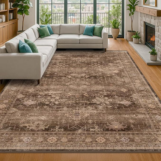 Gold Brown 8x12 Big Rugs for Living Room - Non Slip Washable Vintage Area Rug for Dining Room Under Table, Geometric Floral & Low Pile Boho Bedroom Decor