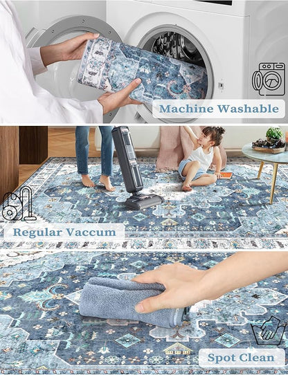 SERISSA Boho Washable Runner Rug, 2'6"x10' Long Non-Slip Vintage Blue Hallway Kitchen Stair Runner Rug Ultra Soft Print Distressed Floor Carpet for Bedroom Bathroom Laundry Room