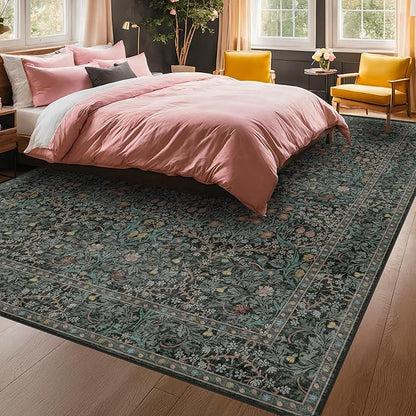 Washable Dark Green Rug for Living Room - 8x12 Large Area Rug for Dining Room Under Table, Bedroom, Soft Low Pile Non-Slip Stain Resistant Carpet - Vintage Floral Décor