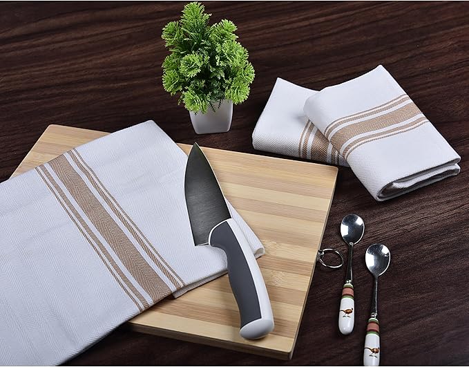 100% Cotton Herringbone Kitchen Towels – Ultra Absorbent, Quick-Dry Dish Towels with Hanging Loop – Soft, Durable & Large 18" x 28"– Beige, Pack of 4