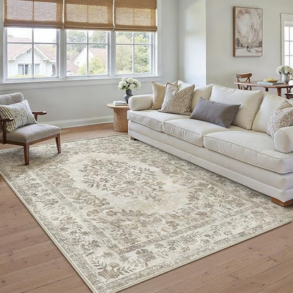 8x10 Area Rug Beige Washable Vintage Distressed Living Room Carpet Large Bedroom Indoor Medallion Floral Non Slip Retro Throw Floor Mat for Office Dining Room Kitchen Bathroom