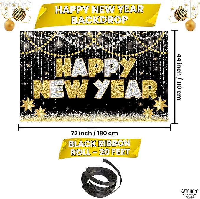 KatchOn, Large Happy New Year Banner - 72x44 Inch | New Years Eve Party Supplies | Happy New Year Backdrop for New Years Decorations 2026 | NYE Decorations 2026, NYE Party Supplies 2026