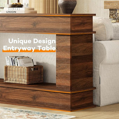 63 Inches Large Console Table, 2-Tier Entryway Table, Narrow Long Sofa Table Behind Couch, Bamboo-like Design, Heavy Duty Base, Farmhouse Wood Accent Decor for Living Room, Hallway, Foyer (Walnut)