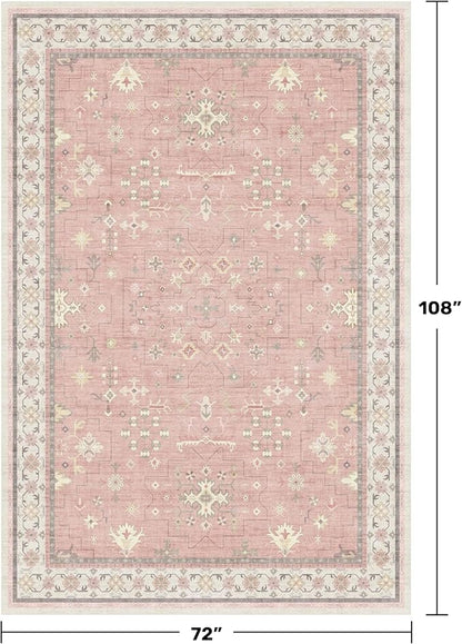 Pink Washable 6x9 Rug for Bedroom - Nursery Floral Girls Room Rug Machine Washable Non Slip Kids Playroom Mat, Cute Girly Thin Low Pile Stain Resistant Living Room Decor