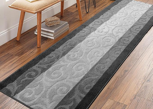 Custom Size Hallway Runner Rug, Slip Resistant, 26 Inch Wide x Your Choice of Length Size, Scroll Anthracite, 26 Inch X 23 Feet, Sold and Priced Per Foot