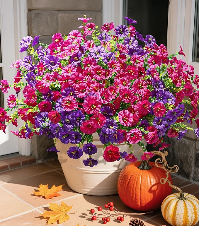 Artificial Flowers Fake Plants for Outdoors Decoration, 12 Bundles Silk Morning Glory with Eucalyptus Realistic UV Resistant Faux Flowers for Outside Planter Porch Yard Patio Garden Home Indoor, Mix