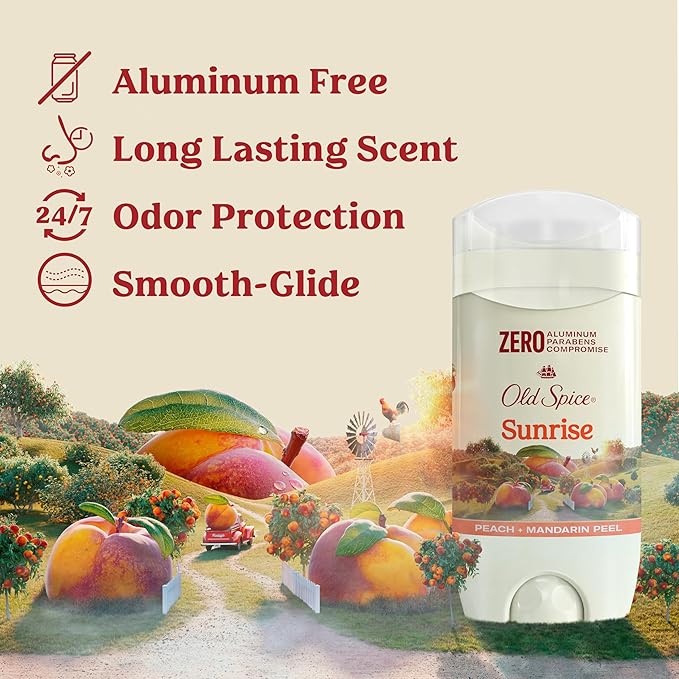 Old Spice Aluminum Free Deodorant for Men, 24/7 Lasting Freshness & Long Lasting Scent, 24/7 Sweat & Odor Protection, Sunrise with Peach + Mandarin Peel Scent, 3.0 oz