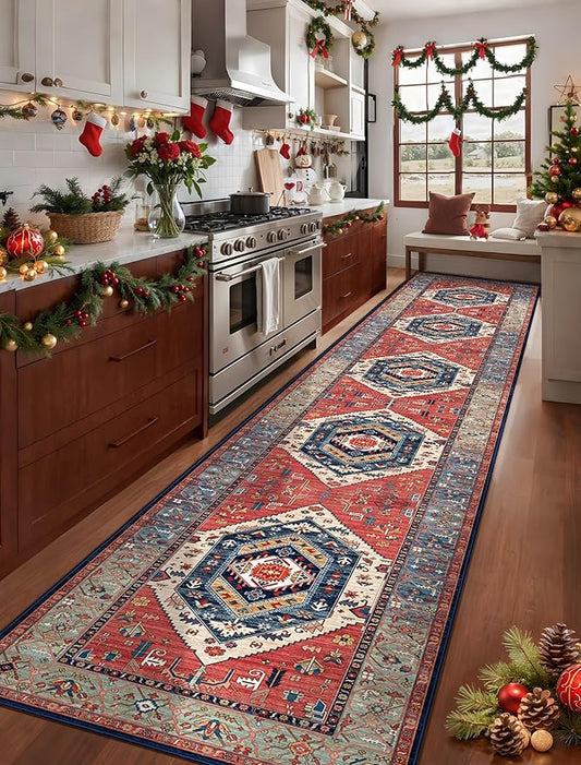 SERISSA Runner Rug for Hallways, 3x14 Washable Non Slip Kitchen Runner Rug, Extra Long Boho Rug Ultra Soft Vintage Rust Print Floor Carpet for Bedroom Hallway Entryway Bathroom Laundry Room