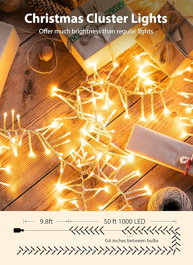 Minetom Christmas Lights Outdoor Cluster Lights - 1000 LED 50 Ft Christmas Firecrackers String Lights, 12 Modes Timer Waterproof Plug in Twinkle Fairy Light for Xmas Tree Garland Party, Warm White