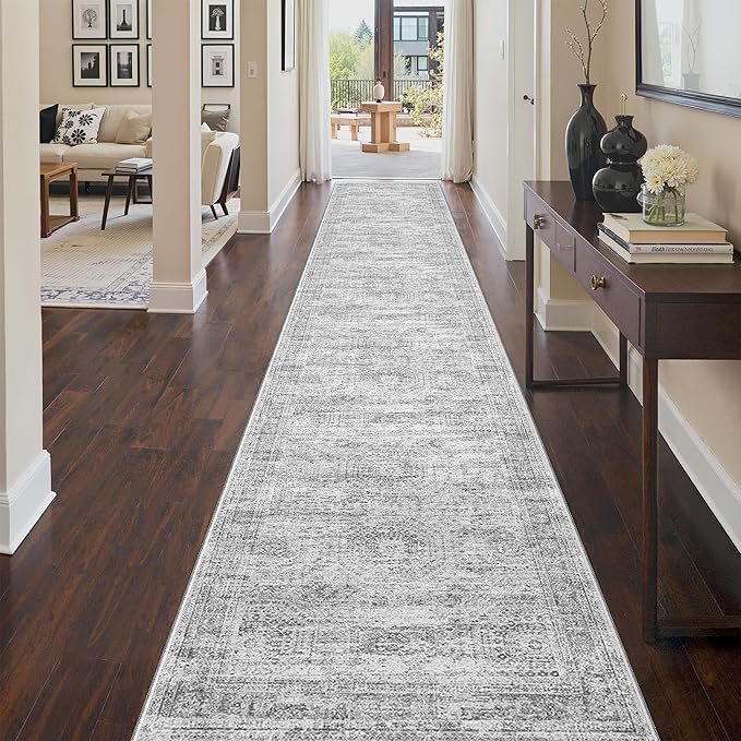 3x16 Washable Runner Rug for Hallway, Non-Slip Long Hallway Runner for Entryway, Soft Vintage Kitchen Mats for Floor, Abstract Dining Room, Bedroom, Living Room Rugs(3'x16', Grey/Ivory)