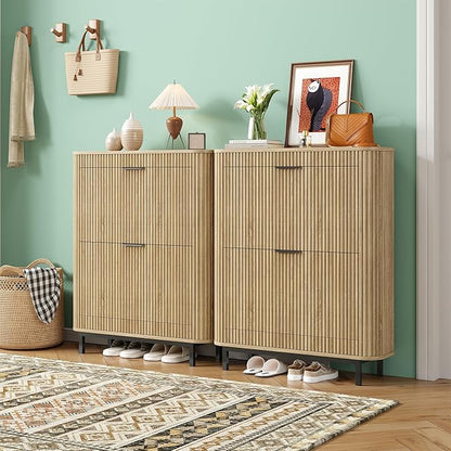Shoe Cabinet with 4 Flip Drawers, Arc Narrow Wood Shoe Storage Cabinet with Fluted Panel and Metal Legs, Freestanding Wood Hidden Shoe Rack Cabinet for Foyer, Hallway, Nature-2