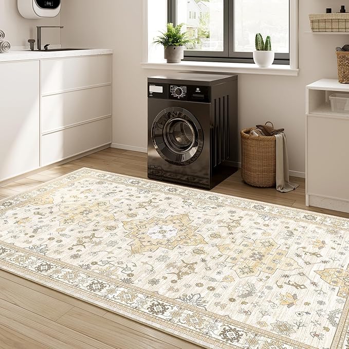 3x5 Area Rug for Entryway, Small Beige Boho Washable Rug, Soft Modern Low Pile Indoor Doormat, Carpet for Bedroom Bedside Living Room Bathroom Playroom Kitchen Dining Room Laundry, Beige/Gold