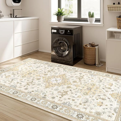 3x5 Area Rug for Entryway, Small Beige Boho Washable Rug, Soft Modern Low Pile Indoor Doormat, Carpet for Bedroom Bedside Living Room Bathroom Playroom Kitchen Dining Room Laundry, Beige/Gold