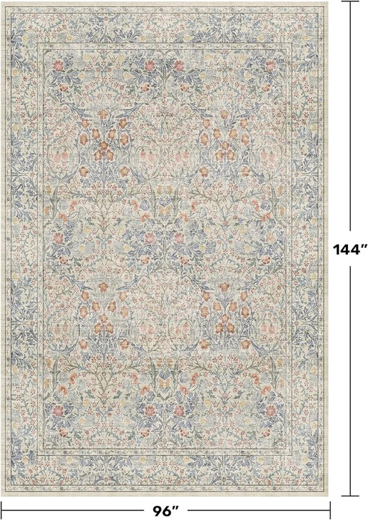 Washable Light Blue Non Slip Bedroom Rug, 8x12 Large Area Rug for Living Room, Dining Room Under Table, Low Pile & Soft Stain Resistant Carpet - Forset Floral Design