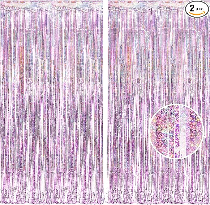 BRAVESHINE Pink Streamers Tinsel Foil Fringe Curtains - 2Pcs 3.2x8.2ft Metallic Party Backdrop for Christmas/New Year/Snowflake/Girl/Princess/Birthday/Bridal Shower/Bachelorette/Engagement Decorations
