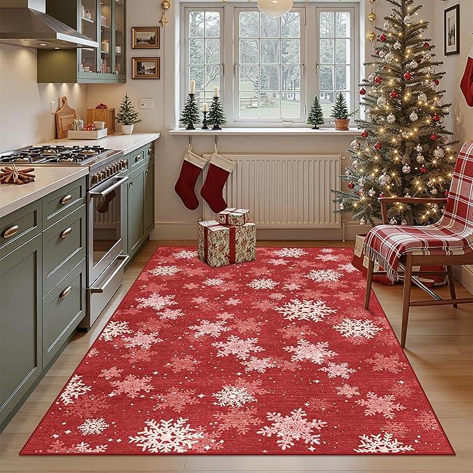 3x5 Christmas Area Rug for Entryway, Soft Kitchen Rugs Non Slip for Dining Room, Washable Snowflake Doormat, Red and White Christmas Porch Decor Indoor(3'x5', Red/White)