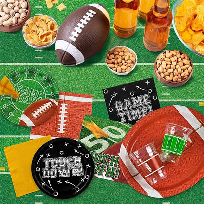 Gatherfun Football Party Supplies Kit for 24 Guests - Includes Large 12.5in Plates, Dessert Plates, Napkins, Cups, Banner and Touchdown Tablecloth - for Football Tailgate Party Decorations